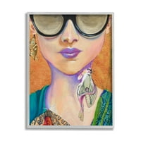Stupell Industries Woman koja nosi leptir insekte nakit Sunčane naočale slikanje sive uokvirene umjetničke print