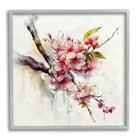 & Nježno proljetno cvijeće trešnje, botaničko i Cvjetno Slikarstvo, umjetnički tisak u sivom okviru, zidna umjetnost