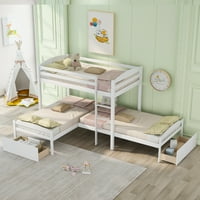 Krevet na kat u obliku slova B S dvije ladice, Okvir kreveta od borove auffe sa ljestvama, bijeli niski krevet na