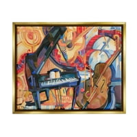 Stupell Industries Big City Music Piano Cubism Slikanje metalik zlato plutajuće uokvireno platno Umjetnost tiska,