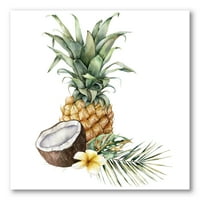 DesignArt 'Ananas s Plumeria kokosovim i palminim lišćem' tradicionalnim platnenim zidnim umjetničkim otiskom