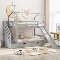 Dječji krevet na kat s dvije ladice-tobogan-ljestve za odlaganje-drvo-siva