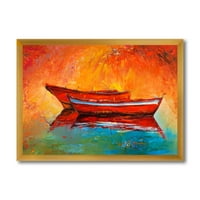 Dva crvena čamca tijekom zalaska sunca u jezeru uokvirena slikanje platna umjetnički tisak