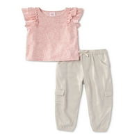Wonder Nation Baby Toddler Girl Rayed Ruffle Ruffle Sweave Top & Cargo Pocket Jogger hlače, Outfit Set