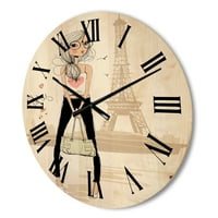 DesignArt 'Slatka djevojka do turneje Paris Eiffel Tower' Dječja umjetnost Wood Wood sat