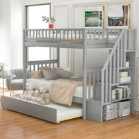 Krevet na kat s ladicama i ljestvama za odlaganje, krevet na kat na kat s ogradom, sivi okvir kreveta na platformi