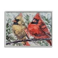 Stupell, dva kardinala smještena na zimskim stablima, životinjama i insektima, slika u sivom okviru, umjetnički