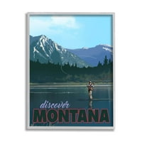 Otkrijte Montana jezero ribolovna scena Pejzažna grafička umjetnost siva uokvirena umjetnička print zidna umjetnost