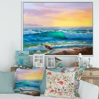 DesignArt 'plavi valovi koji se razbijaju na plaži krajolik iv' nautički i obalni uokvireni platno zidni art print