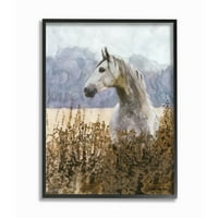 Divlji konj u visokoj travi bočni portret u akvarelu uokviren zidni umjetnički dizajn studija, 11 14